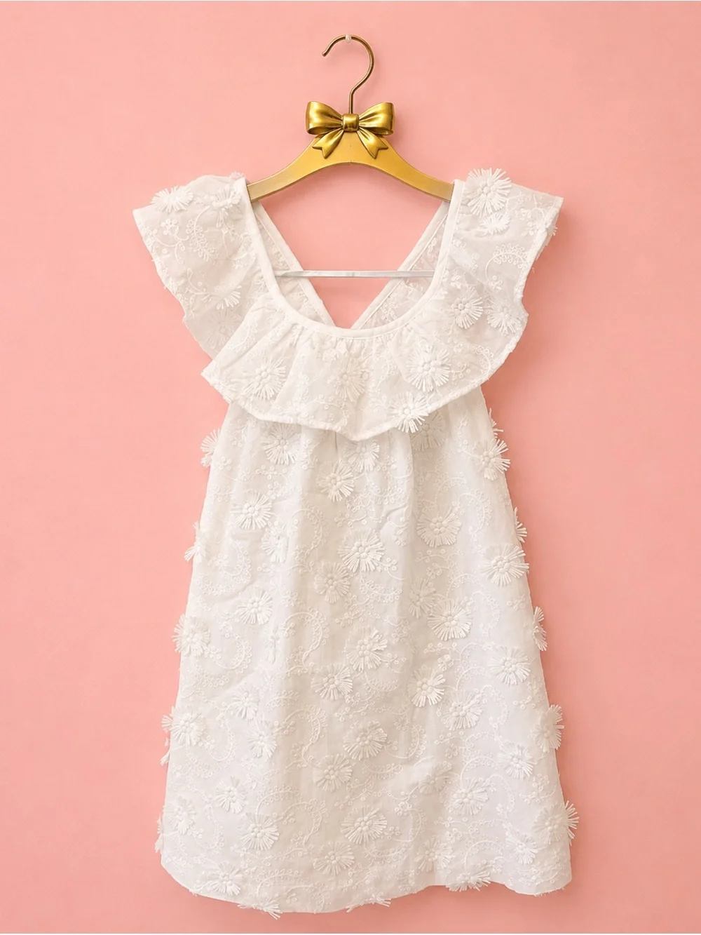 Zara White 3D Floral Lace Ruffle-Shoulder Dress for Girls